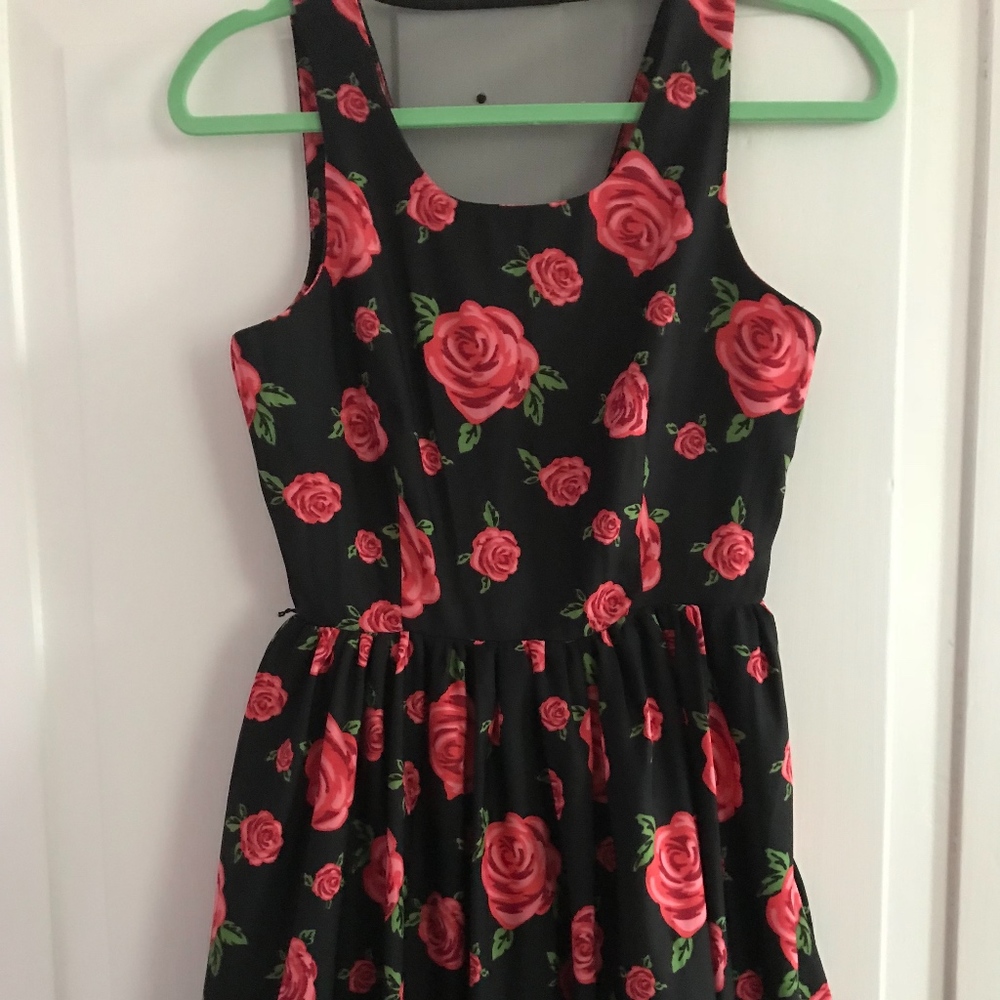 Black fit and flare dress with red and pink roses